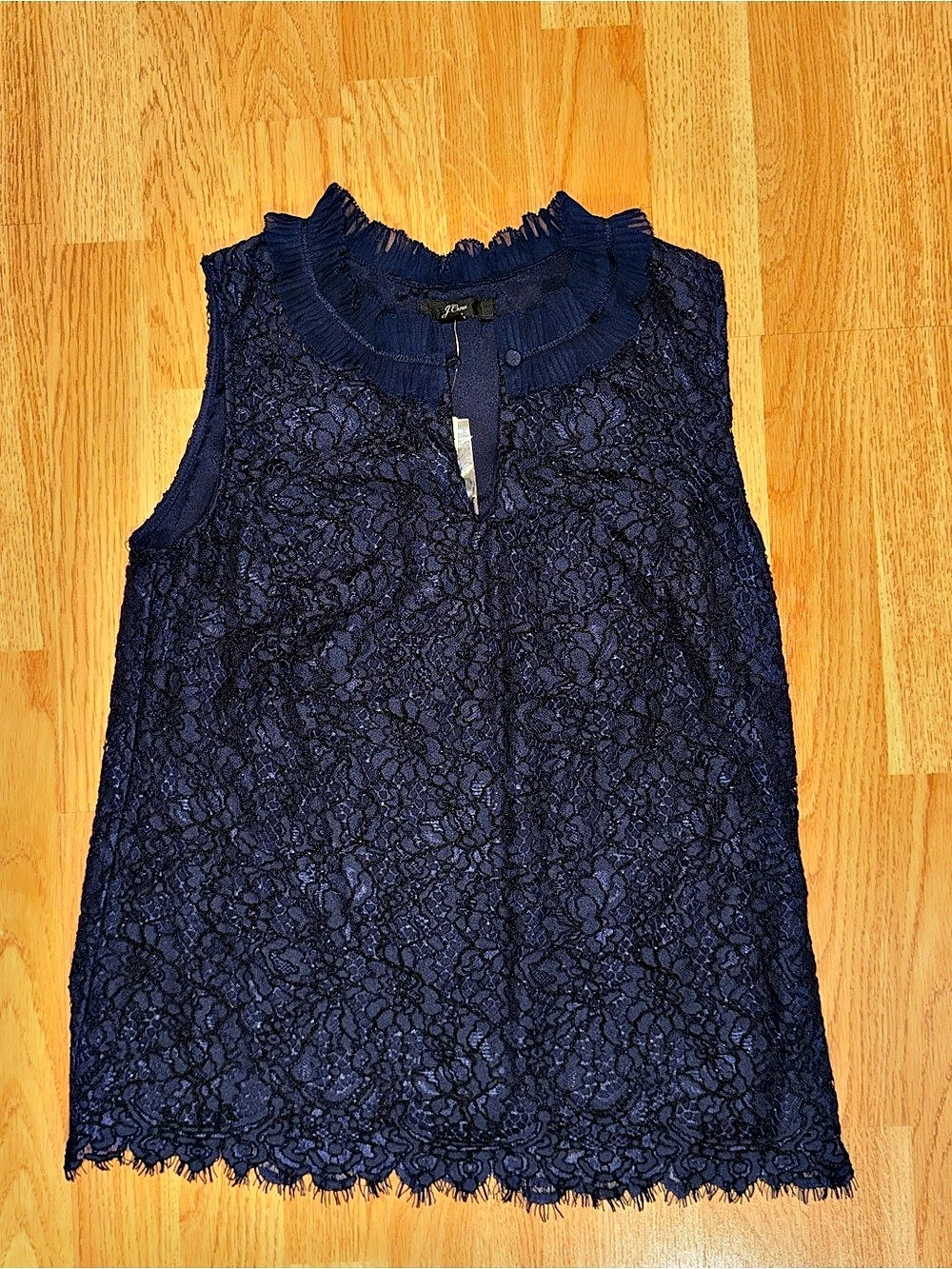 NWT J.Crew Ruffle-Neck Lace Top Sleeveless Blouse in Navy Blue XS